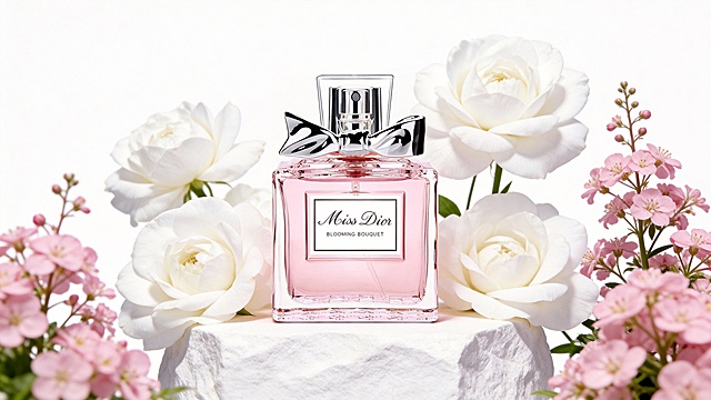 产品为主体，摆放白色石块做层次，把产品放在石块上，周围摆放白花，点缀粉色花朵植物