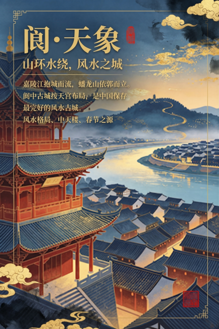 在这张阆中古城中天楼国风金箔夜景图上，严格按要求添加文字排版：主标题'阆・天象'使用粗黑体或宋体，副标题'山环水绕，风水之城'使用细体，正文文案'嘉陵江抱城而流，蟠龙山依郭而立。阆中古城按天宫布局，是预览效果