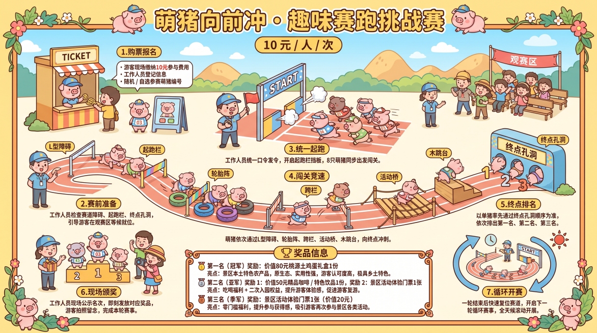 设计1款小猪赛跑规则图 卡通风格 主题是：萌猪向前冲・趣味赛跑挑战赛 
参与费用：10 元 / 人 / 次 
1.购票报名：游客现场缴纳 10 元参与费用，工作人员登记信息，随机 / 自选参赛萌猪编号预览效果