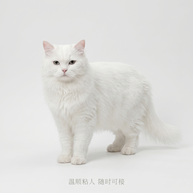 [主图 5] 纯白长毛猫完整展示与购买提示图
[氛围风格] 干净简洁专业展示风格
[画质] 商业摄影清晰质感，画面干净高级
[元素] 保持这只纯白长毛猫的外形毛色毛发质感与原图一致，猫咪完整正面展示，预览效果