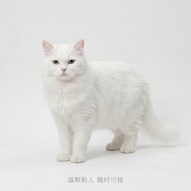 [主图 5] 纯白长毛猫完整展示与购买提示图
[氛围风格] 干净简洁专业展示风格
[画质] 商业摄影清晰质感，画面干净高级
[元素] 保持这只纯白长毛猫的外形毛色毛发质感与原图一致，猫咪完整正面展示，安静站立在干净纯色浅白色背景上，主体清晰突出，占比约70%，画面干净不杂乱。
[光影] 均匀柔和柔光，清晰展现猫咪整体轮廓和毛发质感，光影均匀无硬阴影
[配色] 浅白背景纯白猫咪，干净清爽，低饱和配色
[视角构图] 正面平视视角，猫咪居中，构图均衡稳定，完整展示不裁切
[文字版式] 底部居中浅灰色小字标注“温顺粘人 随时可接”，文字细小不遮挡猫咪主体，清晰易读
[比例分辨率] 1:1比例，2k分辨率，文字清晰
[负向提示词] 变形，水印，文字错乱，图片模糊，背景杂乱，额外添加文字，遮挡主体