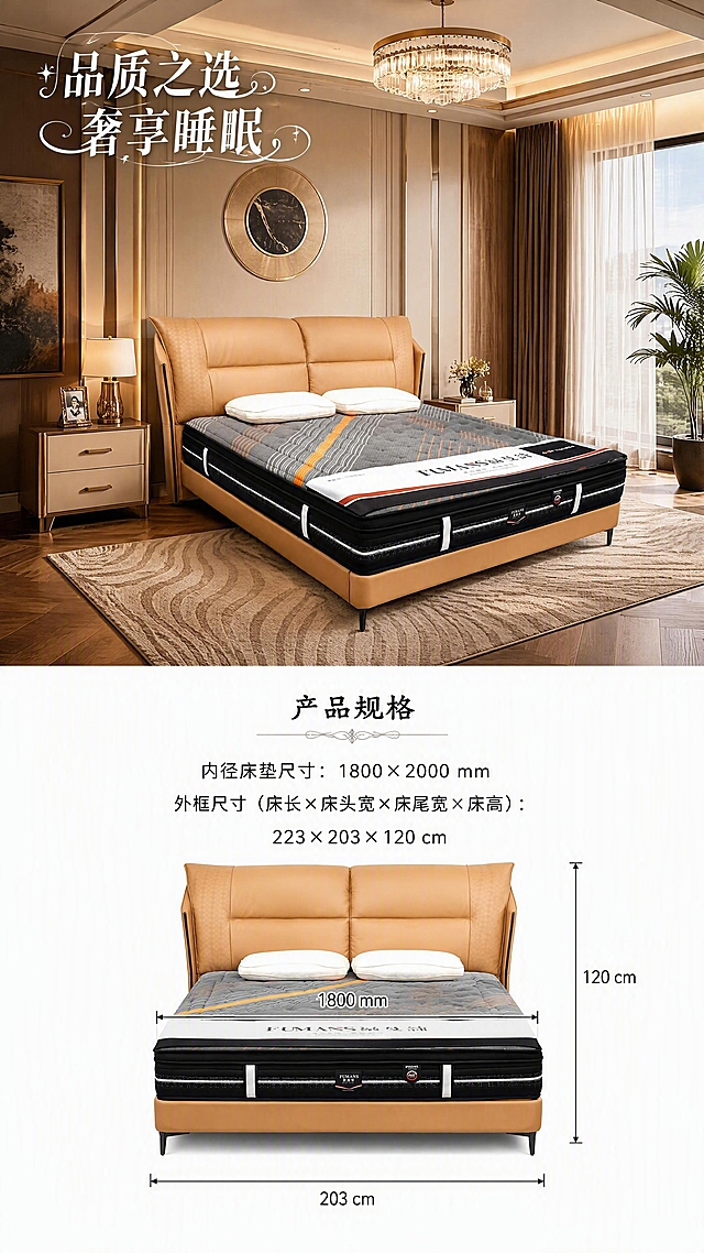 [第8张] 收尾页——大场景图+尺寸白底图详情页（仅本页展示尺寸）。本张使用【图1】作为商品主体，保持产品结构、比例、颜色、材质完全一致，不改变产品比例尺寸。
[氛围/风格] 上半部分高级奢华整屋大场景，下半部分纯白底尺寸规格图，商业摄影质感，无人物。
[元素布局] 画面上下分区：上半部分（约占画面60%）为奢华大户型卧室整屋大场景，软床居中完整展示，背景含大床背景墙、艺术吊灯、双床头柜、地毯、窗帘、绿植、装饰画等至少7种软装元素，空间开阔大气；下半部分（约占画面40%）为纯白色背景，放置软床正面尺寸示意图，标注尺寸文字。
[光影质感] 上半部分暖调柔光，层次丰富；下半部分白底均匀无影，产品清晰。
[配色色系] 上半部分暖驼+深棕+奶白+古铜金轻奢配色，下半部分纯白底+深灰文字，与前面页面统一调性。
[视角构图] 上下分区构图，上大下小，阅读动线顶部场景 → 中部过渡 → 底部尺寸规格。
[文字版式] 上半部分左上角主标题艺术花体字「品质之选 奢享睡眠」，字体带花样装饰；下半部分白底区顶部小标题「产品规格」，下方清晰标注：「内径床垫尺寸：1800×2000 mm」「外框尺寸（床长×床头宽×床尾宽×床高）：223×203×120 cm」；尺寸引线清晰指向对应部位；全部中文简体，文字清晰可读。
[比例分辨率] 9:16竖版比例，4K分辨率，文字清晰可辨，高清画质。
[负向提示词] 产品变形，比例失调，颜色偏差，人物出现，水印，文字错乱，文字过小，内部结构展示。