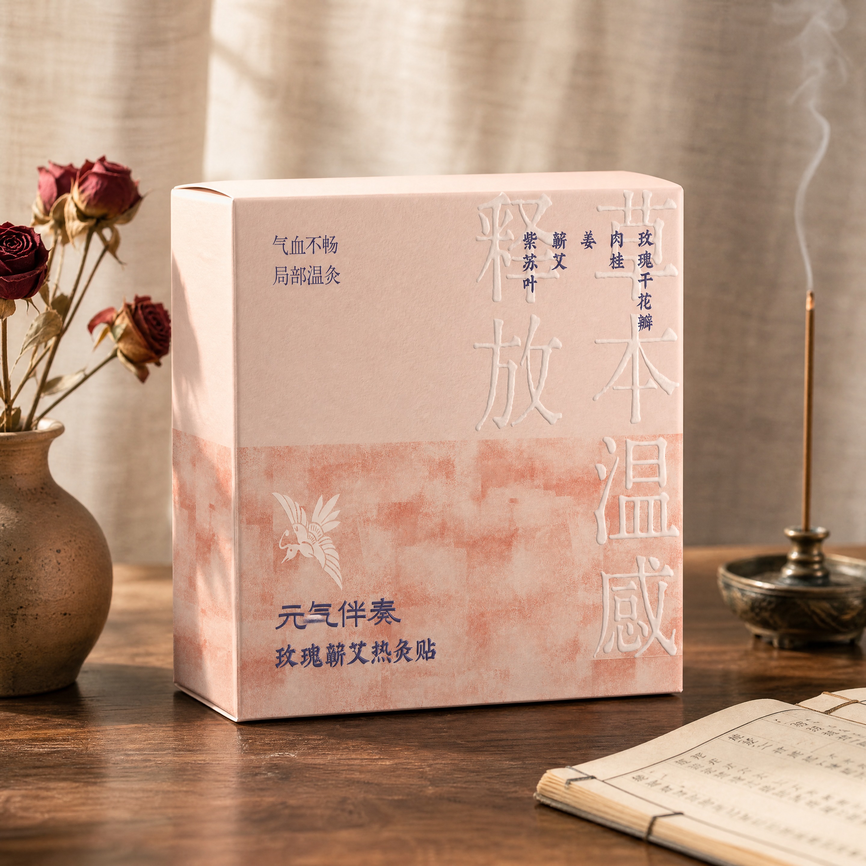 超写实静物产品摄影。 主体：玫瑰蕲艾热灸贴产品包装盒严格参照上… - 图片创意预览