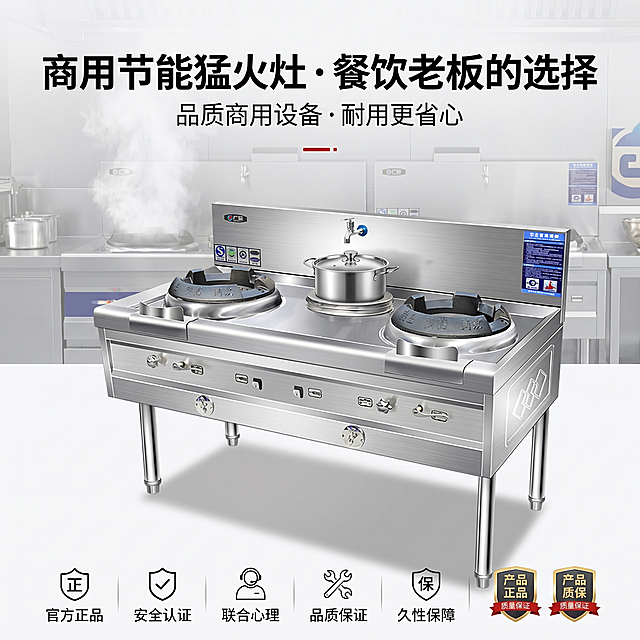 1:1竖版电商主图，杂志风高级排版，严格还原上传的商用节能灶产品图，保持产品尺寸比例1:1。画面主体为节能灶全景展示，大气正面视角，背景为商用厨房半透明式，搭配简约品牌元素点缀。主标题为黑色粗体“商用节能猛火灶・餐饮老板的选择”，副标题为“品质商用设备・耐用更省心”，主标题位于画面上方居中，副标题在主标题下方，画面底部添加“官方正品”“安全认证”等简约信任图标，整体排版干净大气，风格统一，突出产品信任背书，传递下单信心。