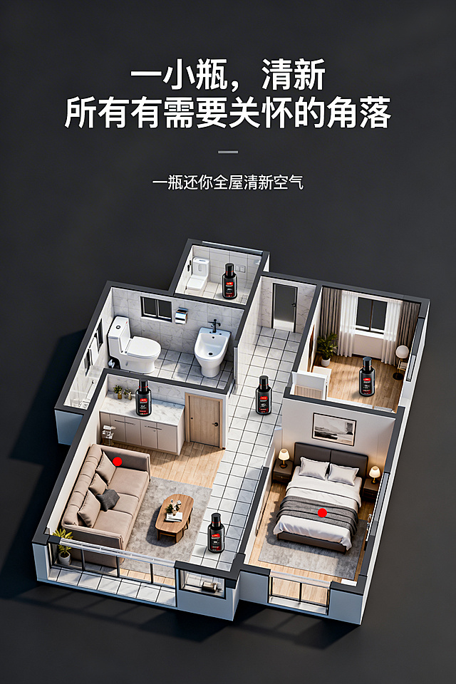 2:3竖屏比例。一个4房2厅的立体平面图，分别在主卧厕所、共用厕所、客厅、主卧卧室用小红点代表产品，表达出产品适用的场景。文案置于画面合适位置，主标题“一小瓶，清新所有需要关怀的角落”，副标题“一瓶还你全屋清新空气”。每个小格都像一张独立的场景摄影，整体风格统一高级。避免场景脏乱，风格不统一，产品大小或位置突兀，格线粗糙，有割裂感。