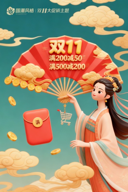国潮风格，双11大促主题，一把展开的精美折扇，扇骨由金色的金币紧密拼接而成，扇面是巨大的红色红包图案，红包上有金色的祥云纹理，一个小巧的购物车造型化为扇坠悬挂在扇柄处，扇面上用传统书法字体书写着“满1预览效果