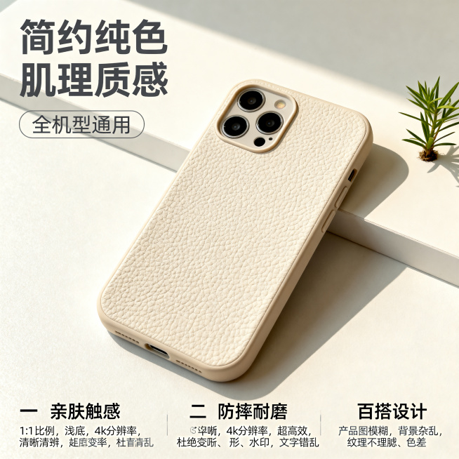 [主图-1] 简约纯色肌理通用手机壳首图
[氛围风格] 极简干净高级风，突出肌理质感
[画质] 商业摄影质感、光线柔和通透、产品清晰真实、画面干净高级
[元素] 纯色肌理手机壳居中放置在浅米白色桌面背预览效果
