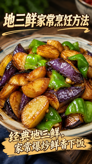 美食菜谱封面图，画面上方显示文字"地三鲜家常烹饪方法"，下方显示文字"经典地三鲜，家常爆炒鲜香下饭"，背景是一盘刚出锅的地三鲜实拍图，土豆茄子青椒搭配，色泽油亮，家常下饭风格预览效果