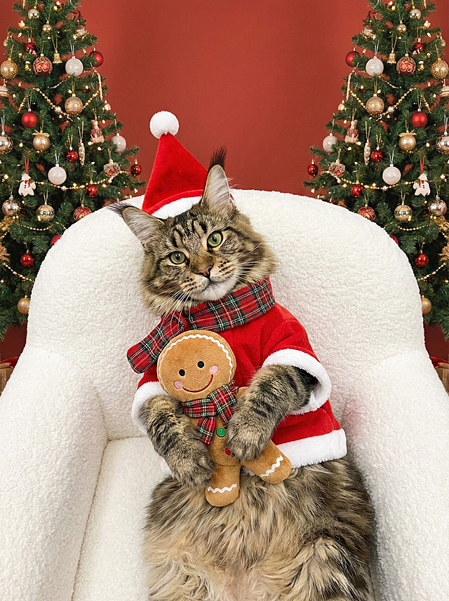 拟人风猫咪身着圣诞服饰，怀抱姜饼人玩偶，毛发生长自然蓬松，布艺质感细腻，背景双圣诞树烘托喜庆温馨氛围，实景感十足。