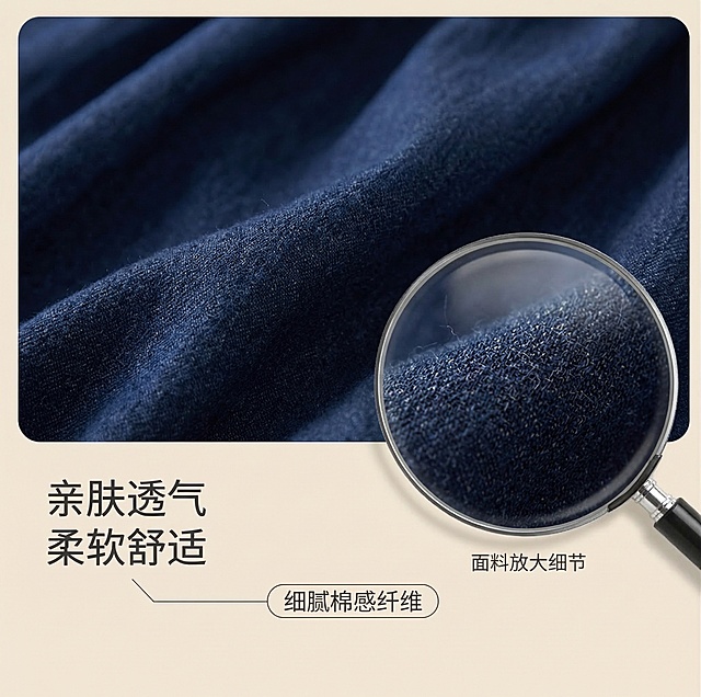 [垫图] https://gdesign-dam-hz.dancf.com/35867942734124142/6121b8cfd7f44d00a74e98f37e5945f4.png
[主图主题] 隔尿裙面料细节特写
[氛围/风格] 高清微距 质感真实 突出亲肤特性
[画面元素] 极致微距特写藏青蓝色隔尿裙面料纹理，展示细腻布料纤维质感，右侧圆形放大镜框放大展示纤维更细节，框内锐化处理框外虚化，浅暖米色背景衬托，光影柔和突出面料柔软亲肤特性，背景铺满全屏无边框
[配色色系] 主色调：藏青蓝；辅助色：浅暖米色
[视角构图] 特写视角，焦点在面料纹理上，景深较浅
[文字版式] 左侧主标题 " 亲肤透气 柔软舒适 "，底部用引线搭配文字标注 " 细腻棉感纤维 "，字体为无衬线深灰色，文字简洁不遮挡主体，放大镜框下方加小文字说明 "面料放大细节"