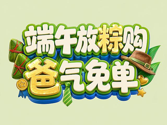 参考原图整体风格，去掉“免”字上的胡茬元素，将“粽”字修改为亮眼的金色材质，和“爸”字保持设计一致更加引人注目，保留父亲节元素：领带、帽子、星星装饰，保持原有排版和配色结构，浅绿干净背景，文字完整不裁切，四周留有安全边距