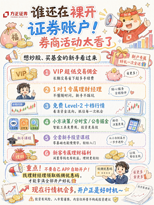 生成一张方正证券开户福利的金融科普小红书图文海报，风格和参考图保持一致，为可爱手绘风，标题文字为："谁还在裸开证券账户！ 券商活动太香了"，内容包含：
想炒股、买基金的新手看过来，方正证券新户专属好礼预览效果