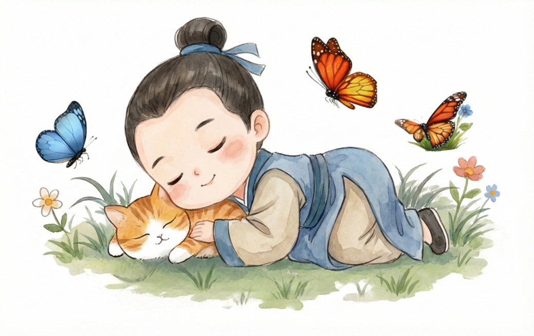 同样温馨的男孩和小猫在草地上的水墨画预览效果