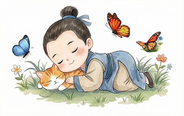 同样温馨的男孩和小猫在草地上的水墨画