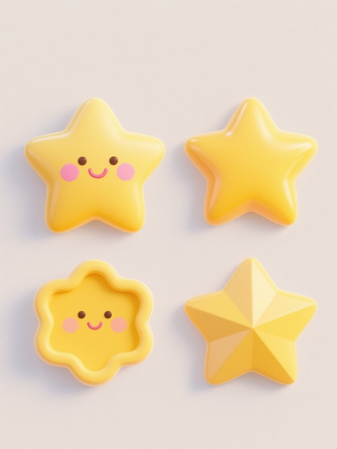 一组4个造型完全不同的黄色立体星星元素集合，每个星星都具有光滑圆润的3D质感、明亮的黄色渐变、柔和的高光与阴影效果，保持纯色背景，第一个是带有粉色腮红和微笑表情的经典五角星，第二个是棱角更分明的多角星，第三个是边缘带有波浪弧度的可爱星星，第四个是不规则几何切面的创意星星，所有星星元素规整排布，保持统一的卡通可爱氛围和精致的3D渲染风格。预览效果