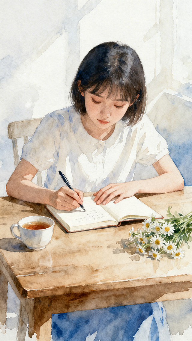 水彩风格，画面简洁高级，年轻女孩子坐在桌前写日记，神情专注柔和，氛围安静治愈