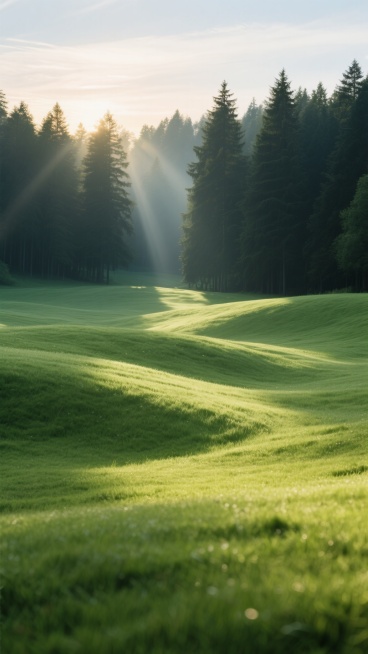 晨曦微露的天空下，一片生机盎然的绿色草坪，远处是茂密的深色松树林，阳光从林间斜射，在草坪上投下斑驳光影，营造出宁静而清新的氛围，草坪呈现出细腻的草叶质感和自然的波浪起伏形态。预览效果