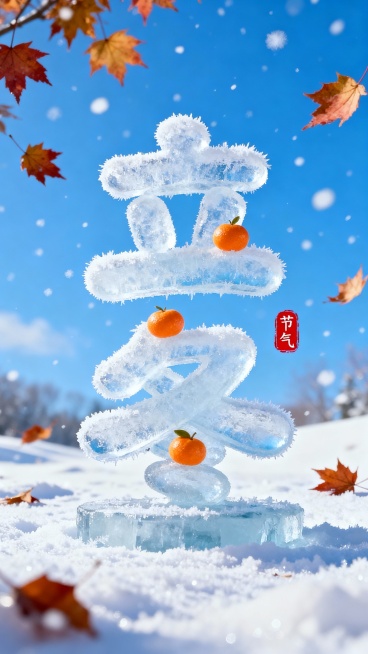 画面中央是冰霜圆润可爱字体形成”立冬” 二字，字体上可以有小小的橘子元素点缀。背景是一片晴朗的蓝天，画面中有白雪和枫叶。立冬字旁“红色小印章”节气“点缀，整体画面色彩明亮预览效果