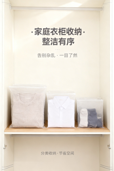 第9屏：家庭衣柜收纳场景适配家用，严格还原上传产品参考图，精准复刻包装设计、产品配色、LOGO位置及比例、文字内容及字体、图案元素及细节，无任何偏差，色彩无失真；产品与画面中其他物体的比例遵循真实物理预览效果