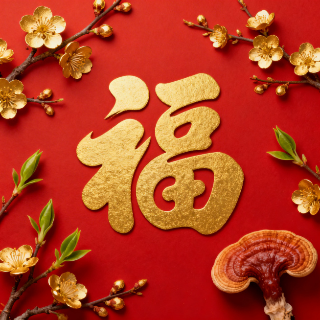 春节春天健康主题，大红色背景，装饰金色梅花、新芽、灵芝图案，正中间是融入太极元素的金色福字，字体圆润古朴，传递健康吉祥寓意预览效果