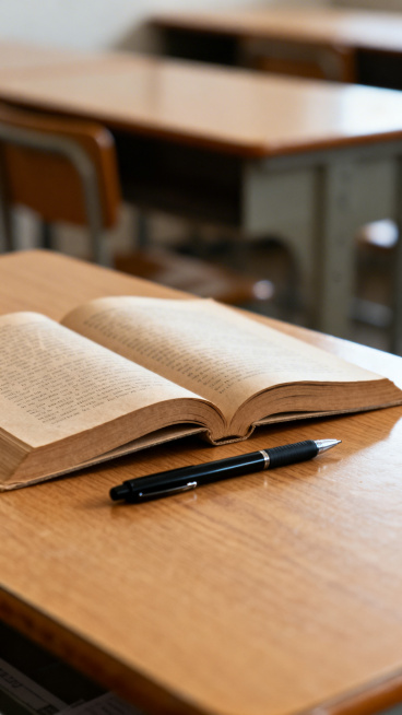 写实摄影风格，教室场景作为背景，背景做柔和的虚化处理，前景清晰突出教室的木质桌面，桌面上摆放着一本打开的纸质书，书页自然展开，一支黑色的签字笔平放在打开的书页旁边，光线柔和自然，整体氛围安静有学习感预览效果