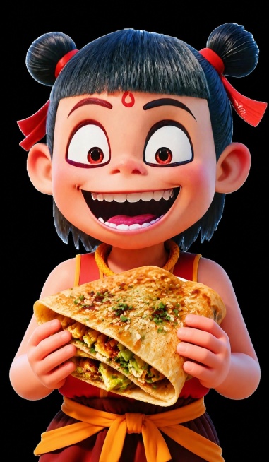 去掉红色的方便面饭盒，保留哪吒形象和表情，让哪吒直接手抓着煎饼，保持3D卡通风格一致，背景保持黑色预览效果