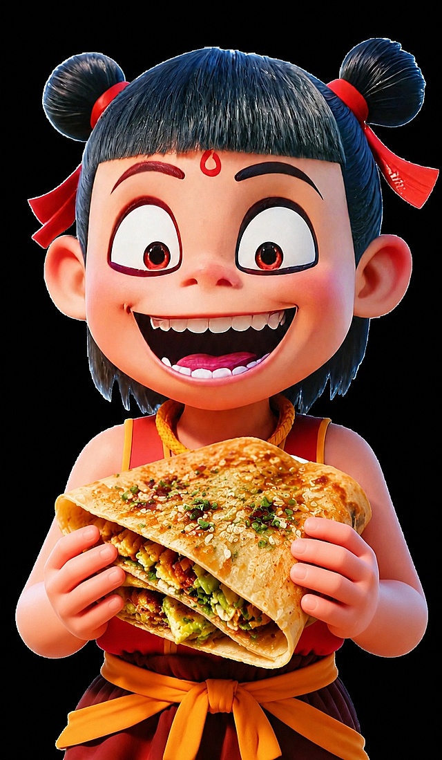 去掉红色的方便面饭盒，保留哪吒形象和表情，让哪吒直接手抓着煎饼，保持3D卡通风格一致，背景保持黑色