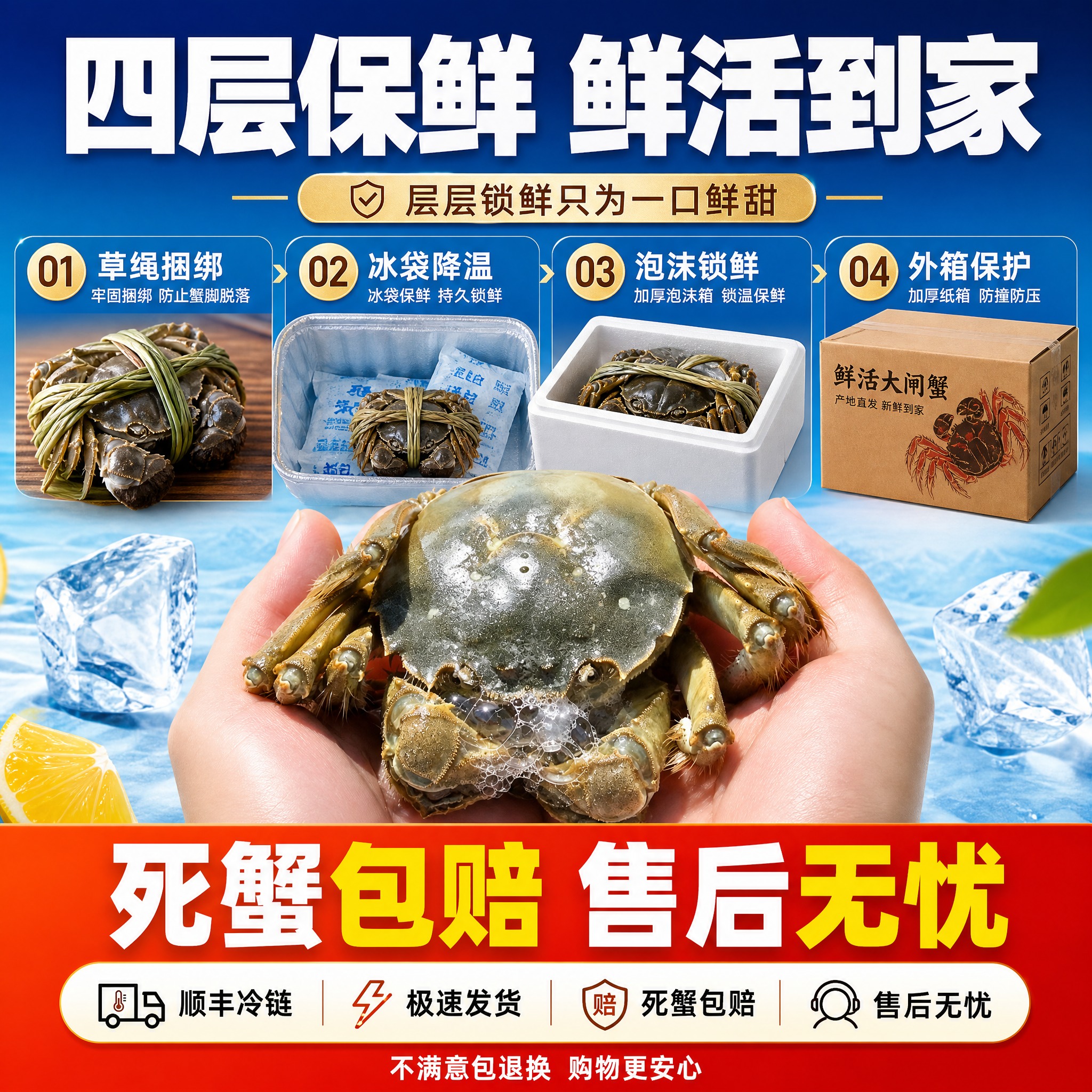 [主图-6] 大闸蟹包装与售后保障图 突出多层保鲜 死蟹包赔… - 图片创意预览