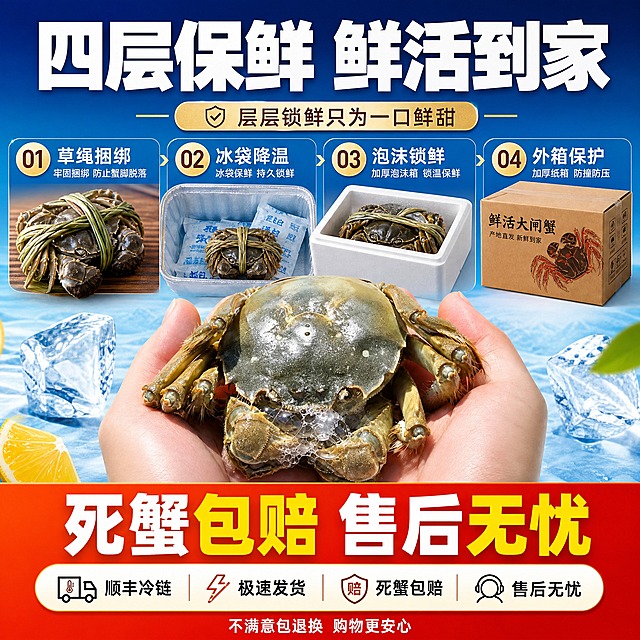 [主图-6] 大闸蟹包装与售后保障图 突出多层保鲜 死蟹包赔 拼多多爆款风格
[统一基调] 拼多多爆款大字风格 主色橙红+金黄 主标题粗黑体大字 辅助文案白色黑体 强调色金黄 背景暖色调 食欲感强 性价比氛围
[画面] 鲜活大闸蟹放在画面中央 周围展示包装流程 草绳捆绑 冰袋降温 泡沫箱锁鲜 外箱保护 四层包装保障 底部展示售后承诺 整体专业可信
[光影质感] 明亮干净的商业摄影质感 大闸蟹清晰 包装元素精致有光泽 整体专业可信
[配色] 背景蓝色渐变代表冷链 主标题白色粗黑体 图标金黄色 大闸蟹青壳突出
[文字版式] 上方大标题"四层保鲜 鲜活到家" 中间展示四层包装示意图配文字"草绳捆绑""冰袋降温""泡沫锁鲜""外箱保护" 下方"死蟹包赔 售后无忧" 底部小字"顺丰冷链 极速发货" 文字清晰排列 不遮挡主体
[输出要求] 1:1正方形 2048x2048 文字清晰可读 产品清晰完整 禁止变形错字模糊杂乱水印平台Logo 禁止绝对化用语 禁止出现顺丰官方Logo