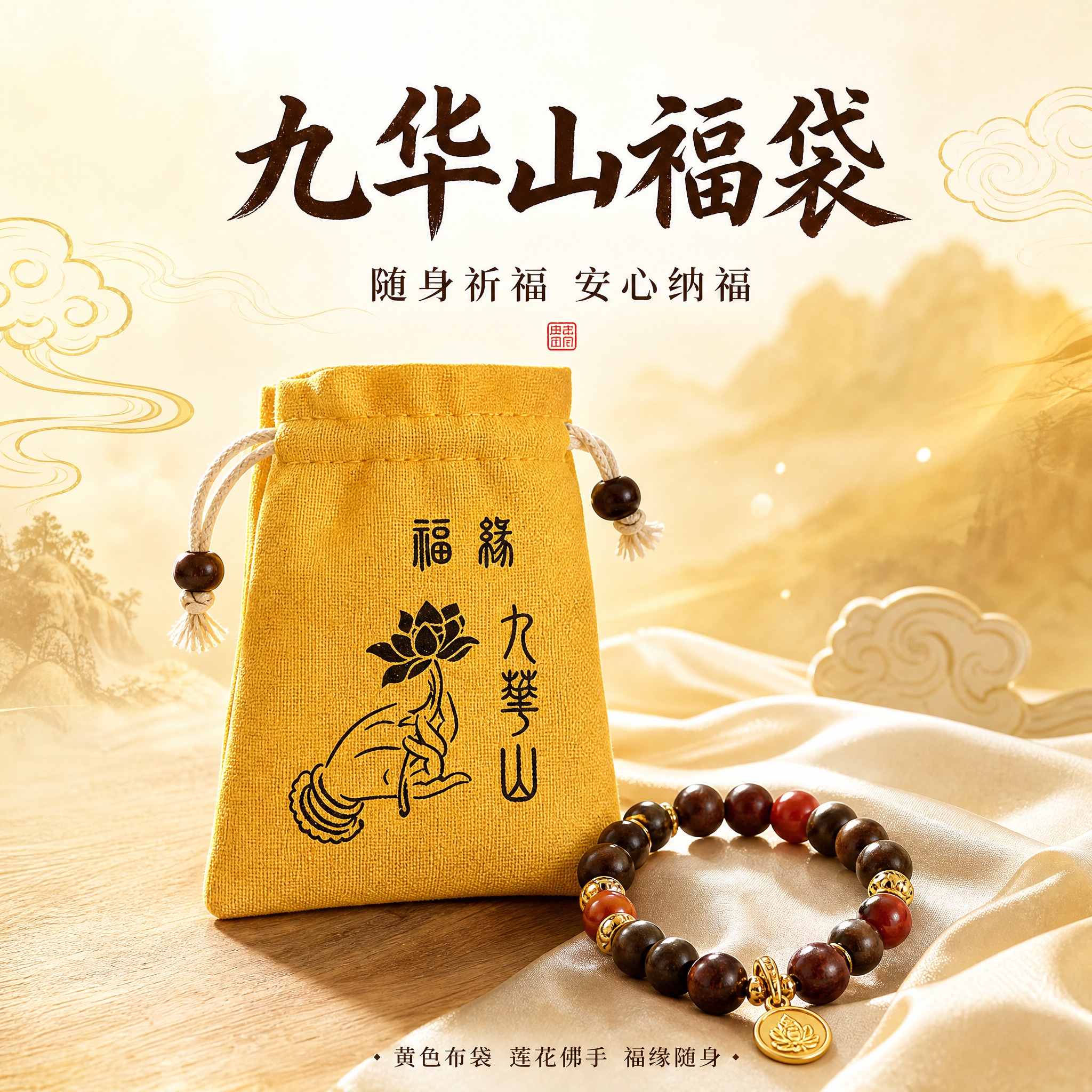 [主图-4] 礼赠场景，展示九华山福袋包装与手串的搭配，突出祈… - 图片创意预览