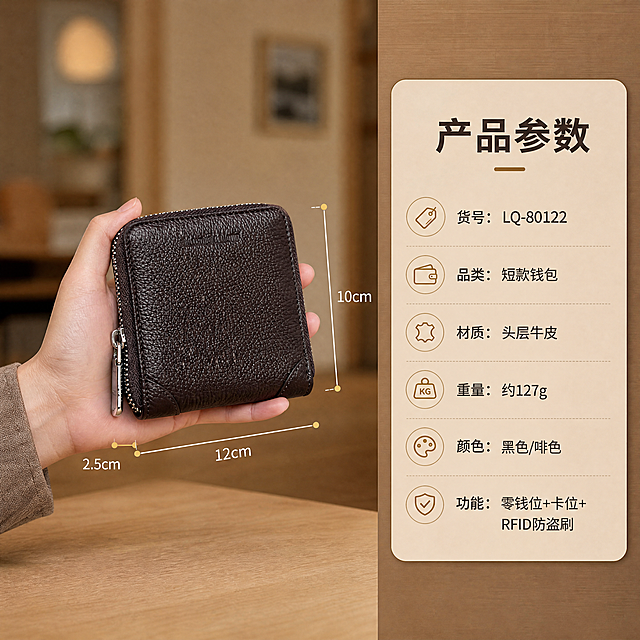 [商品] 使用【图1】啡色短款拉链钱包手持展示；商品处理：保留方形短款结构、荔枝纹头层牛皮、金属拉链、包角缝线、颜色和比例；增强皮纹质感和五金光泽，手的动作自然。
[画面] 目标：尺寸参数与产品信息页，含清晰尺寸标注图。构图：左图右文，左侧产品+尺寸标注约60%，右侧参数信息卡约40%；主体位置：画面左侧居中，手拎钱包展示大小，旁边有尺寸线标注长宽厚；主体占比约45%；摆放角度：正面微侧视角；景别：中景；阅读动线：左侧钱包+尺寸线→右侧参数表；前中后景：前景浅棕桌面、中景手拎钱包+尺寸标注线、后景虚化室内场景；场景：温暖简约的室内背景，突出尺寸参照。
[视觉] 套系策略：风格=简约高级商务休闲质感商业摄影；标题字=现代简约无衬线粗体；正文字=简洁无衬线体；主色=深棕暖调；背景延展=基于深棕暖调做深浅层级、同色渐变和细腻木纹/纸张质感；强调色=暖金色，仅用于小面积图标、引线和标签；标题色=深炭棕；正文色=中暖灰；组件=圆角浅棕信息卡、细线引线；光影=暖柔光，柔和阴影。
[文字] 钱包周围用细线标注尺寸：长12cm、宽10cm、厚2.5cm；右侧信息卡标题"产品参数"，下方列表：货号：LQ-80122、品类：短款钱包、材质：头层牛皮、重量：约127g、颜色：黑色/啡色、功能：零钱位+卡位+RFID防盗刷；文字清晰可读，不遮挡钱包。
[规格] 图片比例1:1方形，4K，避免变形、错字、文字过小、冷蓝/蓝灰背景、钱包颜色改变、版型失真、极限词。