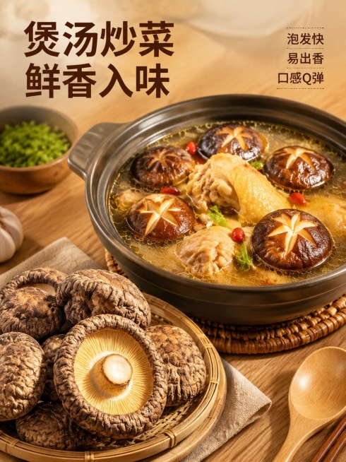 [主图-4] 干香菇烹饪场景体验主图，增强代入感与购买欲望
[氛围风格] 温馨家庭餐桌场景，唤起美食联想，突出食用价值
[画质] 生活化商业摄影，光线温暖通透，画面真实自然有食欲
[元素] 餐桌场景，预览效果