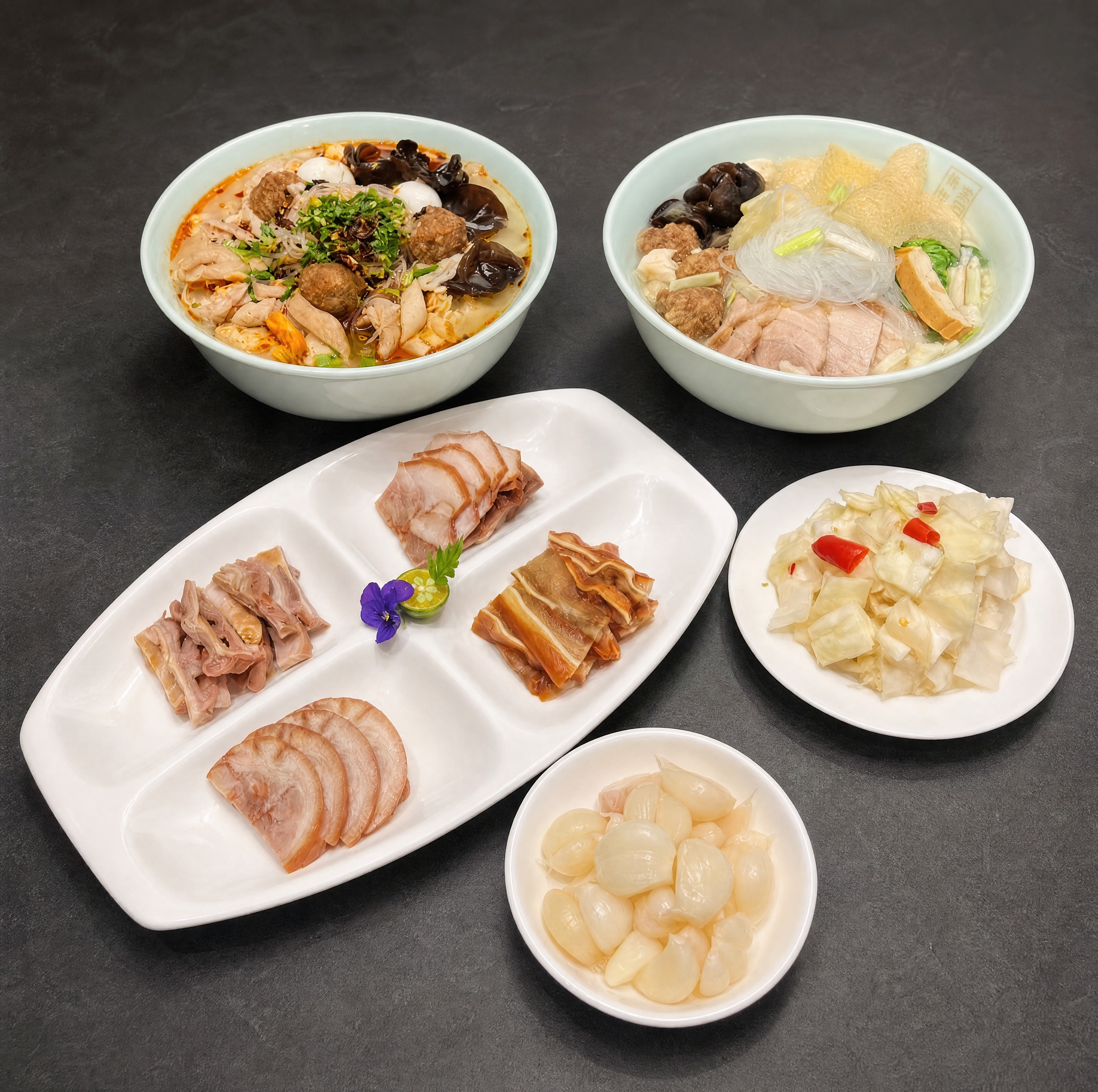 超写实美食摄影。 主体：图中的所有菜品（两碗粉面、卤味拼盘、腌… - 图片创意预览