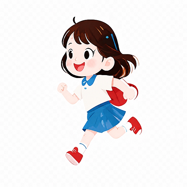 提取图中背红色书包奔跑的小女孩元素，白色上衣蓝色裙子，单独提取出来，背景透明，清晰的平面插画风格，保持原图的手绘质感和色彩