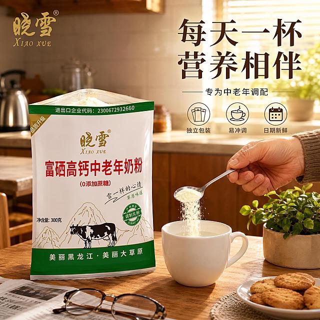 [主图-4] 生活场景主图 中老年居家冲饮场景。
[氛围风格] 温馨生活 真实居家 情感共鸣；
[画质] 商业摄影质感 光线温暖柔和 画面有生活温度。
[元素] 晓雪富硒高钙中老年奶粉袋装产品为主体，开口状态，放在画面左侧木质餐桌上，占画面约40%。**保持奶粉袋外观与输入产品图完全一致，杜绝任何变形和色差，开口处可见细腻奶粉粉末**。产品右侧，一只中老年男性的手（仅露出手腕和手部，自然持勺）正用银色勺子从袋中舀出奶粉，缓缓倒入右前方的白瓷杯中，杯中已有半杯温水。餐桌上还放着：一副老花镜、一份翻开的报纸、一小碟饼干、一盆绿色小植物。背景是虚化的中式厨房，有瓷砖墙面、木质橱柜、不锈钢水壶的轮廓，窗边有暖黄色晨光透入。左上角放置「晓雪」品牌Logo。
[光影] 清晨暖光从右侧窗户斜入，主光照亮手部动作与奶粉倾倒的瞬间；辅光为左侧环境漫反射，整体温暖有生活气息。奶粉粉末在逆光下有细腻颗粒感，杯子有柔和高光。
[配色] 主色暖木棕 奶白色 晨光金；辅色产品绿 红色；文字色深棕色 暖金色。
[视角构图] 微俯视20°，第一人称餐桌视角，景深较浅，焦点落在舀奶粉的动作与产品上，背景自然虚化。
[文字版式] 右上区域右对齐排版：主标题「每天一杯 营养相伴」深棕色粗宋体，字号最大；副文案「专为中老年调配」细黑体，字号约50%。底部3个小图标横向排列：「独立包装」「易冲调」「日期新鲜」。文字均不遮挡产品与手部动作。画面禁止出现多余的手、畸形手、手指扭曲。
[输出要求] 1:1比例 文字清晰可辨 超高清商业摄影质感。
[负向提示词] 变形 文字错乱 产品模糊 背景杂乱 水印 电商平台Logo 人物面部 全身人物 多指 手指畸形 手部扭曲 穿模。