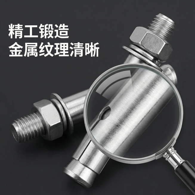 [主图 3] 201不锈钢膨胀螺丝细节特写，工业五金风格。基于原图产品，放大展示螺纹和金属切面细节。商业摄影质感、硬光高对比、产品清晰真实、画面干净高级。用放大镜特效突出金属拉丝纹理，突出不锈钢材质的预览效果