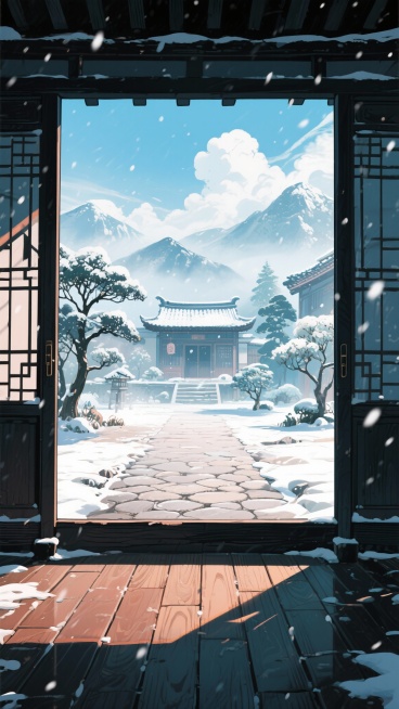 二次元古风，下雪，庭院，正面特写大门，地板，树，凹凸地板，房子，雾气，云，浅蓝色，细节丰富，元素多样，9:16,不要人物预览效果