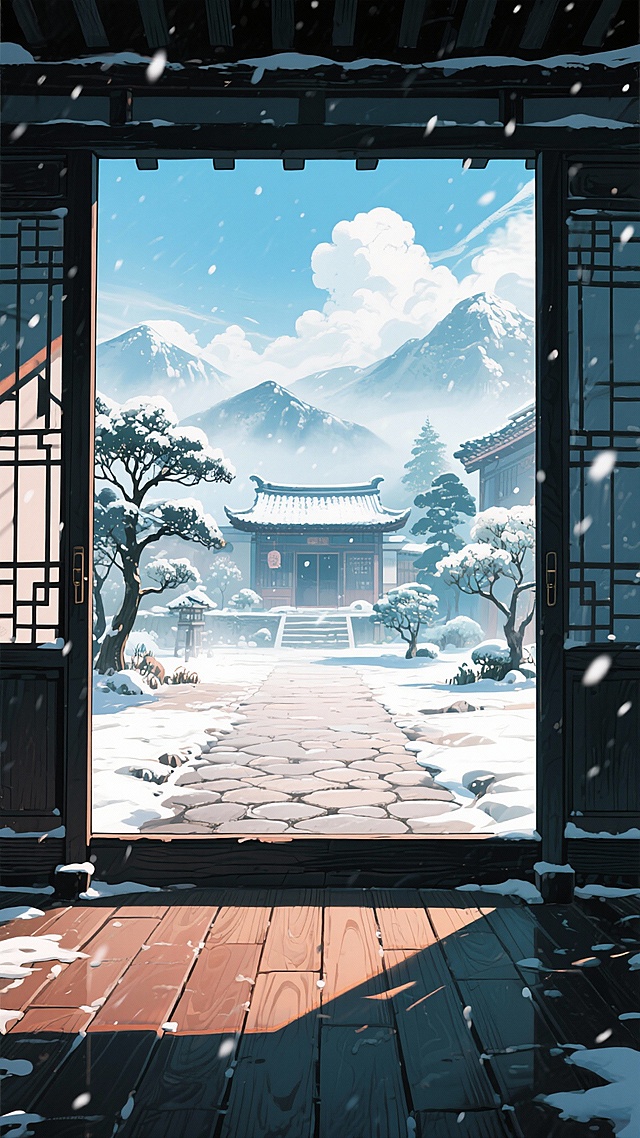 二次元古风，下雪，庭院，正面特写大门，地板，树，凹凸地板，房子，雾气，云，浅蓝色，细节丰富，元素多样，9:16,不要人物