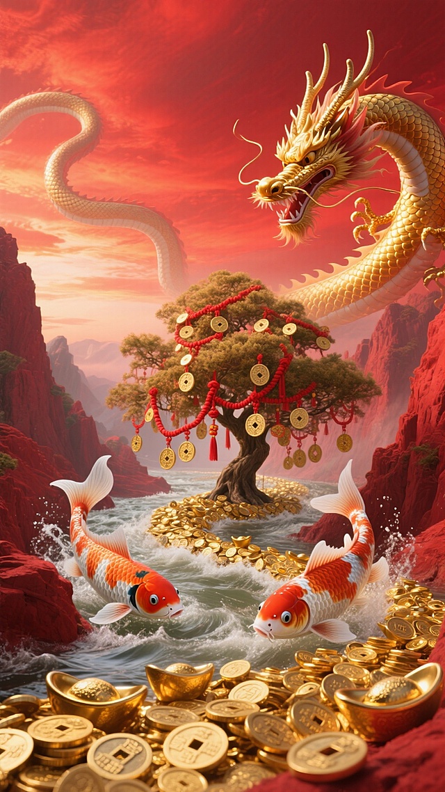 两条锦鲤围着铜钱，红色背景，梦幻氛围，简单干净，低饱和度史诗般的场景，一条由无数金币和金元宝汇成的巨大河流，在红色的峡谷中奔腾流淌。天空中，祥龙的身影在红色的霞光中若隐若现，龙鳞反射出金光。一棵挂满红绳和铜钱的巨大发财树生长在河中央，光芒四射。画面壮观，充满神话色彩。