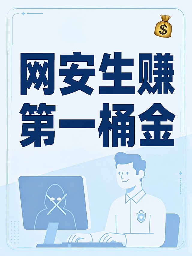 小红书笔记大字封面，配图大字，ins清新风格，版式精美，小红书笔记封面质感，适合信息流点击。主标题必须完整呈现且为画面视觉中心，逐字锁定：「网安生赚第一桶金」。主标题字号占画面约50%视觉权重，清晰可读，不得增删改字。背景：浅蓝干净学习风，使用【图1】作底图加半透明遮罩弱化背景，突出标题文字。标题排版：扁平深蓝粗黑体，推荐配图I17版式策略，底图全屏加半透明遮罩+居中大字。配图：用户【图1】网安主题插画作为底图，加半透明浅蓝遮罩突出大字标题。装饰：右上角1个💰emoji小贴纸，加细浅蓝线框装饰，位置不遮挡主标题。整体氛围：干货分享，学生求职赚钱，清新专业。画质：高清细腻，信息层级清晰，主标题深蓝色与浅背景强对比，文字完整处于安全区内不可裁切，四周留安全边距。画面比例3:4，4K。图生图：严格使用用户上传图片，【图1】=网安主题底图，顺序与上传一致。