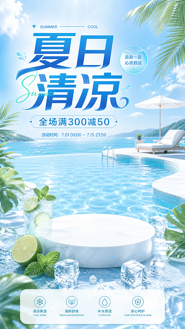 电商产品宣传海报，主题为夏日清凉，背景为清爽淡蓝色夏日泳池海边，搭配冰块和绿叶元素，整体配色清新冷色调，海报包含醒目品牌标语"夏日清凉"，风格清新干净，符合电商推广调性