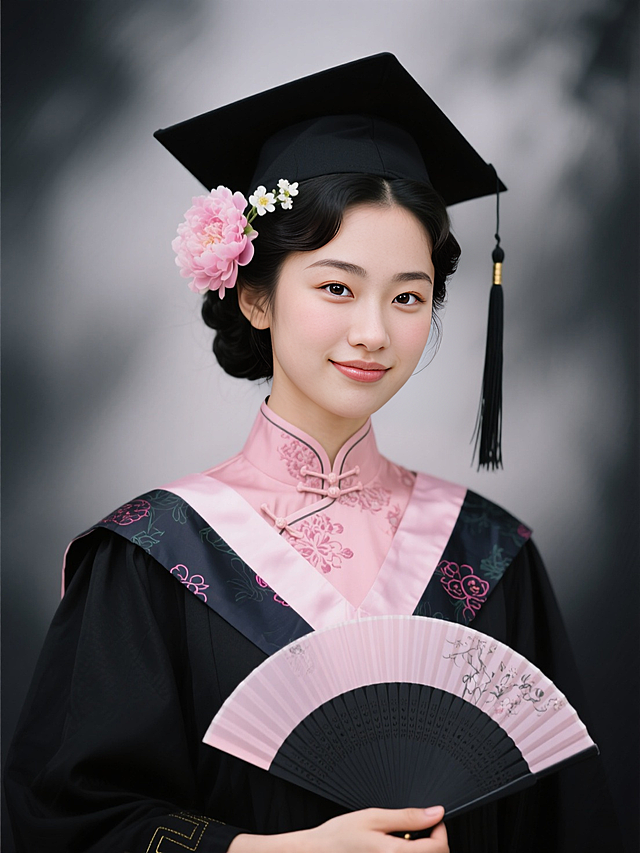女生证件照，民国发型，穿黑色学士袍戴黑色学士帽，头发上戴粉色芍药花和白色小花，手执折扇，学士帽流苏，领口有粉色复古花纹，内衬是粉色旗袍，黑灰色朦胧背景，看镜头。