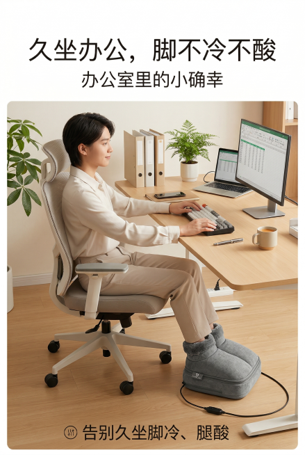 2:3竖版暖足鞋详情页，第9屏真人使用场景办公篇，主标题"久坐办公，脚不冷不酸"，副标题"办公室里的小确幸"，中心展示年轻人坐在办公椅上，双脚放入暖足鞋，手敲键盘的场景，背景为清新办公环境包含电脑、绿预览效果