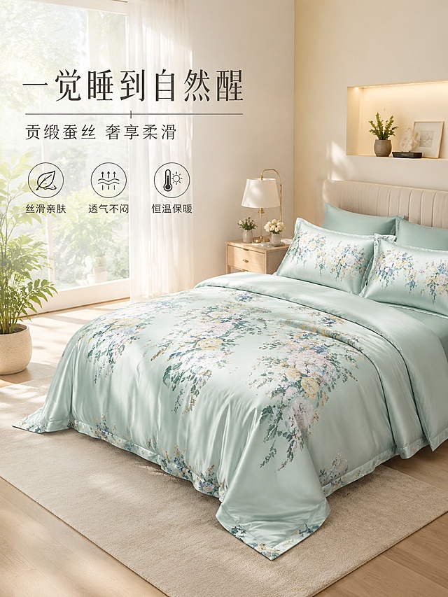 [第2屏] 场景种草 - 卧室窗边贡缎蚕丝被铺设效果。本屏使用【图1】作为商品主体，保持产品外观、颜色、印花一致。
[氛围/风格] 温馨轻奢卧室场景，自然光从落地窗洒入，慵懒舒适的午后氛围，高级家居摄影质感。
[元素布局] 贡缎蚕丝被平整铺在大床中央，占比约55%，搭配同色系枕头与床笠；卧室背景有浅色木地板、白色纱帘、简约床头柜与台灯；窗边有绿植盆栽；阳光透过纱帘形成柔和光斑；被子面料光泽、印花图案、颜色与输入产品图完全一致。
[光影质感] 左侧落地窗自然光为主光源，柔和漫射，被子表面呈现贡缎丝滑质感，右侧有柔和补光，阴影自然过渡，整体温暖明亮。
[配色色系] 全局底色 #F5F0E8 暖米调；主色浅青绿、米白；辅助色原木色、奶咖色。
[视角构图] 45°斜侧俯视，床为视觉中心，阅读动线从左上标题→中部产品→右下卖点。
[文字版式] 左上区域主标题「一觉睡到自然醒」，副标题「贡缎蚕丝 奢享柔滑」，下方配3个小图标+卖点：「丝滑亲肤」「透气不闷」「恒温保暖」；字体为优雅宋体，深灰色文字，不遮挡被子主体。
[比例分辨率] 3:4竖版比例，4K分辨率，文字清晰可辨，高清画质。
[负向提示词] 被子变形，印花错误，颜色偏差，水印，文字错乱，人物出现，背景杂乱。