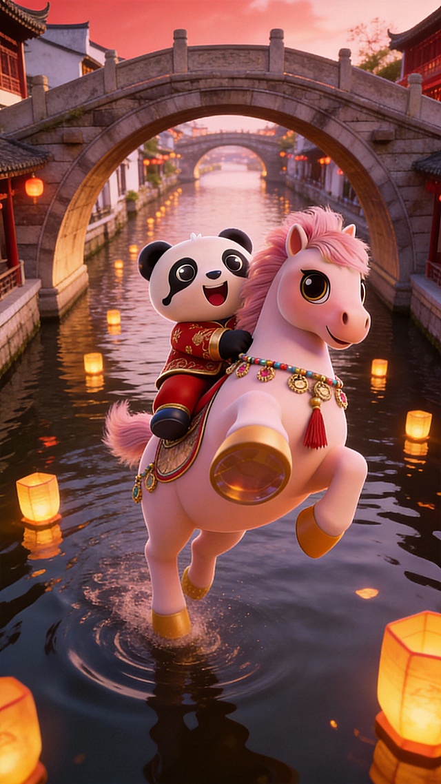 5张连贯分镜图，适配15秒马年新年短片，皮克斯风3D动画整体为喜庆红金粉暖色调:第一张是穿着红色汉服和裤子的熊猫抱着粉色萌马，背景有祥云和古建筑轮廓；
第二张是熊猫骑上马，马蹄大透视特写，准备飞翔的动势，踩着祥云腾空起飞，身后鎏金烟花炸开；
第三张是熊猫与萌马低空飞过挂满红灯笼的古街市，下方是金红龙身、红绸翻飞的热闹舞龙队伍，人情欢腾充满烟火气；
第四张是大透视特写马后踢和熊猫的镜头，熊猫与萌马飞在古运河上空，石拱桥横跨水面，河上漂浮暖黄祈福河灯，水波荡漾古意盎然；
第五张是将小马和熊猫放置在画面中央，采用俯视鱼眼镜头和强烈的仰视透视感，广角拍摄。小马和熊猫可爱萌趣，头很大，背景是微缩广州的景观模型地标景点，包括广州塔，五羊建筑，融创过山车、珠江夜景、现代城市风貌，夜晚，漫天的烟花和祥云和灯笼，动态模糊的红色纸张装饰。