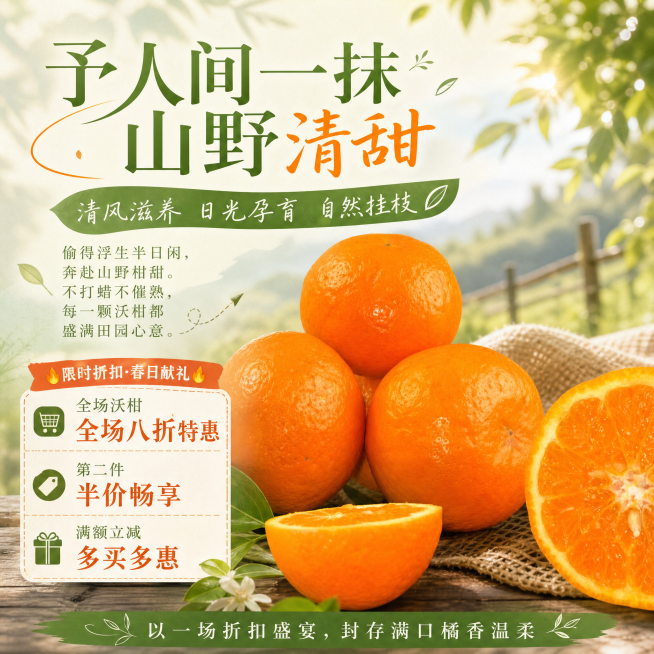 田园风沃柑促销海报，保留原图片中的沃柑，添加文字：主标题“予人间一抹山野清甜”，副标题“清风滋养 日光孕育 自然挂枝”，文案短句“偷得浮生半日闲，奔赴山野柑甜。不打蜡不催熟，每一颗沃柑都盛满田园心意。预览效果