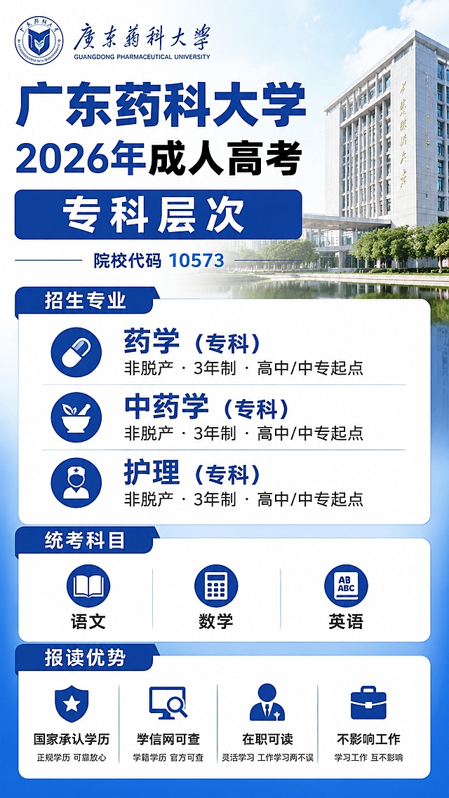 重新生成广东药科大学成人高考专科招生海报（竖版9:16）。确保所有文字清晰准确，无错别字、无重影、无乱码。标题：广东药科大学2026年成人高考 专科层次。副标题：院校代码 10573。专业列表：药学（专科）、中药学（专科）、护理（专科），每个专业标注：非脱产 · 3年制 · 高中/中专起点。统考科目：语文、数学、英语。底部优势：国家承认学历、学信网可查、在职可读、不影响工作。整体风格简洁专业，蓝白配色，文字大且清晰，适合手机阅读。
