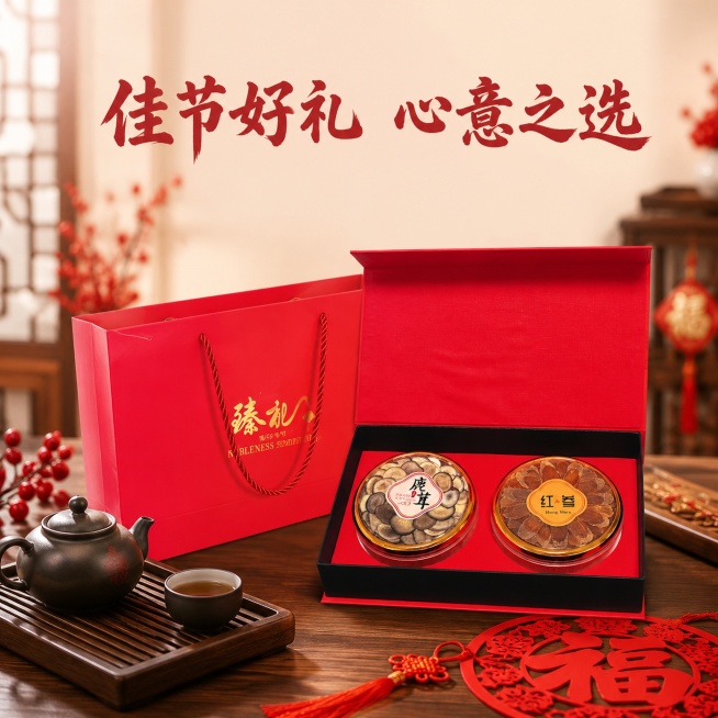 [主图-4]滋补礼盒送礼场景展示；氛围风格：温馨高端，节日送礼氛围；画质：商业摄影质感，光线柔和通透，产品清晰真实；保持礼盒外观颜色材质和原图一致，搭配中式茶几茶具背景，营造节日送礼场景；礼盒放置在中预览效果