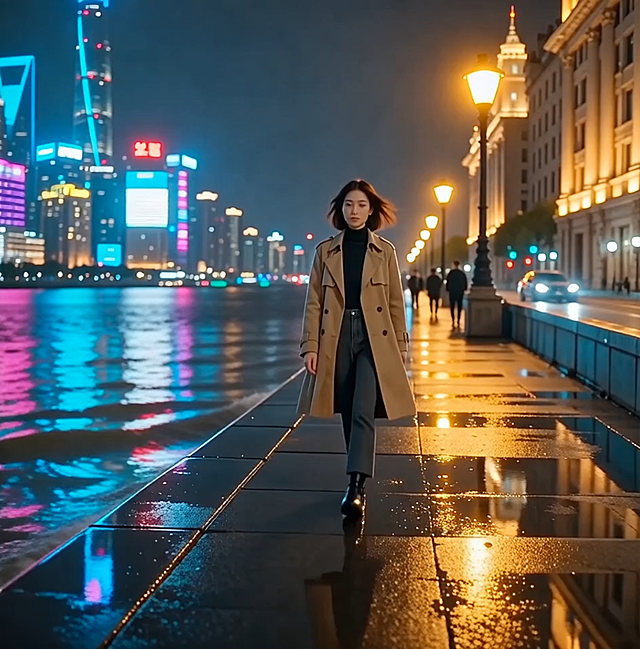 22岁齐肩短发女孩穿卡其色风衣，在夜晚霓虹灯闪烁的湿漉漉上海滩慢慢走路，暖黄路灯打在侧脸，冷蓝霓虹在水面反光，镜头缓慢推进，中景视角，轻微手持感，镜头始终跟随人物，画面流畅，人脸清晰，无闪烁卡顿，人物比例正常