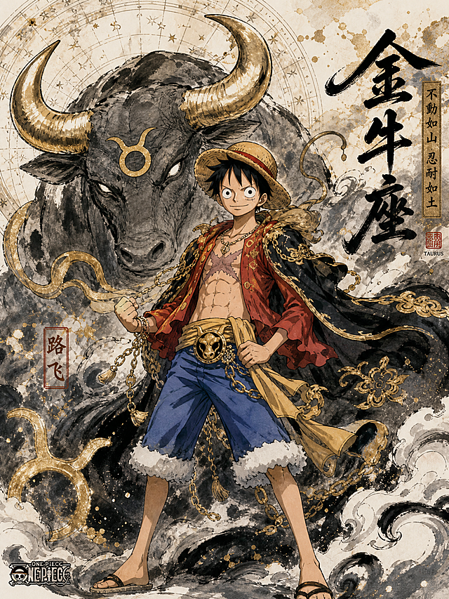 海贼王路飞结合金牛座星座元素，表达金牛座神性，海贼王原动漫绘画风格，融入水墨元素和日本动漫画风，画面画风统一，为系列作品中的一张